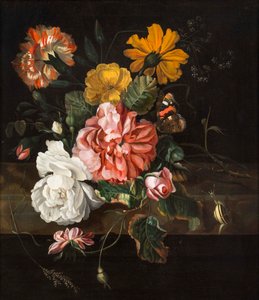 Rosen mit einem Schmetterling, einer Schmeißfliege und einer Schnecke auf einem Steinvorsprung