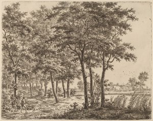 Landschaft mit einem Bauern, der Brennholz trägt