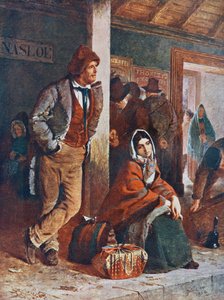 Irische Auswanderer am Bahnhof Ballinasloe auf dem Weg nach Galway, Irland, um im 19. Jahrhundert Schiffe nach Amerika zu besteigen, nach dem Gemälde von Erskine Nicol.