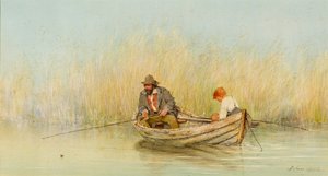 Studie eines Mannes und eines Jungen beim Angeln von einem Boot von Erskine Nicol