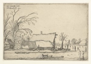 Bauernhof bei gefrorenem Fluss mit Schlittschuhläufern von Esaias van de Velde