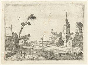 Dorfszene mit Bauernhöfen, Kirche und Brunnen (Liegende Landschaften) von Esaias van de Velde