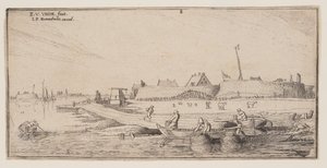 Fischer in Ruderbooten vor einer ummauerten Stadt, aus Landschaften von Esaias van de Velde