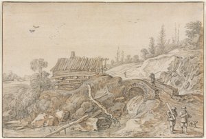 Hügelige Landschaft mit Hütte neben einem Bach