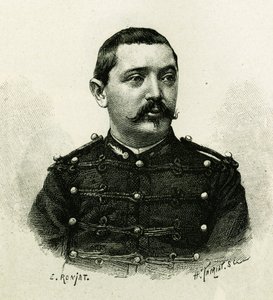 Porträt von Kapitän Pietri, der Marineartillerie, während der Expedition nach Afrika 1879-1882, unter dem Kommando von Gallieni. Gravur von E. Ronjat, nach einem Foto, zur Illustration der Geschichte „Exploration du Haut Niger (Oberer Niger)“ (heutiges Mal von Etienne Antoine Eugene Ronjat