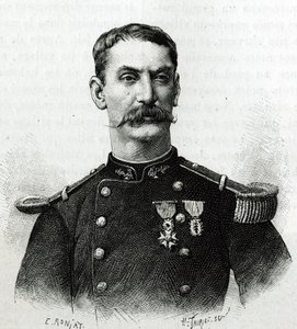 Porträt von Kommandant Joseph Gallieni während der Expedition in Afrika (1879-1882). Gravur von E. Ronjat nach einem Foto zur Illustration der Geschichte „Exploration du Haut Niger (Haut Niger)“ (heutiges Mali) von Kommandant Joseph Gallieni (1849-1916) von Etienne Antoine Eugene Ronjat