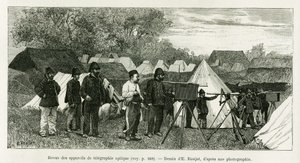 Überprüfung der optischen Telegrafie-Apparate. Gravur von E.Ronjat zur Illustration der Geschichte Trente mois au Tonkin von Etienne Antoine Eugene Ronjat