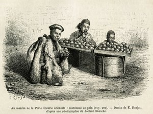 Der Brothändler am Fuß des Orientalischen Blumentors des Kaiserpalastes in Peking, eine aktuelle Szene des täglichen Lebens. Gravur nach der Zeichnung von E. Ronjat, um die Reise nach Peking und Nordchina von T. Choutze in 1873 zu illustrieren, veröffentli