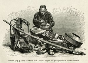 Der reisende Schuster repariert die Stiefel, aber auch die Geschirre der Wagen der hohen Beamten des Palastes, am Fuß des Orientalischen Blumentors des Kaiserpalastes in Peking. Gravur nach der Zeichnung von E. Ronjat, um die Reise nach Peking zu illustrie