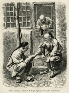 Der wandernde Fußpfleger, eine alltägliche Szene des täglichen Lebens in chinesischen Städten. Gravur nach der Zeichnung von E. Ronjat, zur Illustration der Reise nach Peking und Nordchina, von T. Choutze, 1873, veröffentlicht in „Le tour du monde“ 1876, h von Etienne Antoine Eugene Ronjat