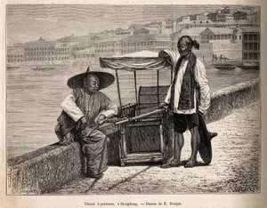 Zwei Träger ruhen sich neben ihrem Rollstuhl in Hongkong aus, Gravur nach einer Zeichnung von E. Ronjat zur Illustration der Reise nach China, von J. Thompson, 1870-1872, veröffentlicht in „Le tour du monde“ 1875, herausgegeben von Edouard Charton, Hachett