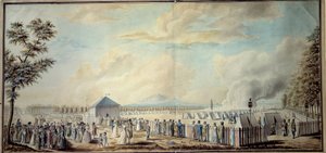 Französische Revolution: Militärlager der Mars-Schule für zukünftige Kader der republikanischen Armee. Aquarell von Etienne Bericourt (18. Jahrhundert) 1794