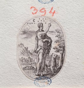 Allegorie des Sehens, eine Frau zeigt den Himmel (Gravur)