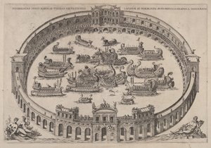 Seeschlacht in einem römischen Arena, mit dem Fluss Tiber und Nymphen unten links..., 1577-85