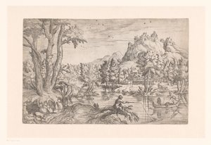 Landschaft mit Fischer und Schloss auf Berggipfel von Etienne Dupérac (attributed to)