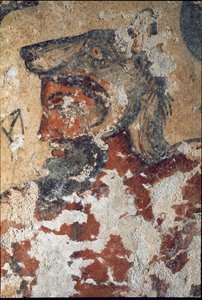 Aita (Eiza), etruskischer Gott des Jenseits, trägt eine Wolfskappe (Detail eines Freskos, 4. Jahrhundert v. Chr.)