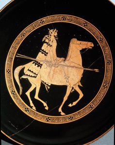 Etruskische Antike: Detail einer Kylix, die einen Reiter darstellt. Aus Falerii Veteres (Civita Castellana) 5. Jahrhundert v. Chr. Rom, Museo Nazionale di Villa Giulia