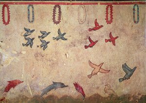 Wasservögel und springende Delfine, aus dem Grab der Jagd und Fischerei (um 520-510 v. Chr.) von Etruscan