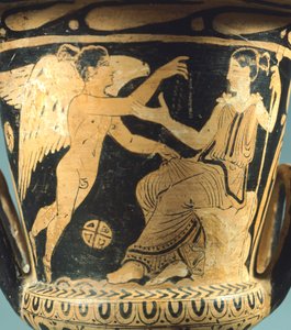 Calyx-Krater (große Vase) des Villia-Giulia-Malers, der Athena und einen geflügelten Geist darstellt. Rotfigurige Keramik aus Cerveteri (Latium). Etruskische Zivilisation, 4. Jahrhundert v. Chr. von Etruscan