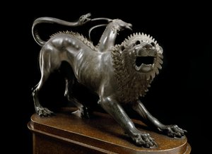 Etruskische Kunst: Chimäre von Arezzo, verletzt von Bellerophon (Chimera ferita von Bellerofonte) - Bronzeskulptur, 400-350 v. Chr. - Archäologisches Museum von Florenz - Chimäre von Arezzo - Etruskische Bronzeskulptur (H. 65 cm), 400-350 v. Chr. - Florenz