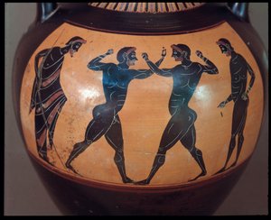 Etruskische Zivilisation: Terrakotta-Amphore dekoriert mit einer Boxszene, Detail 550-500 v. Chr. aus dem Grab des Kriegers in Vulci, Italien von Etruscan