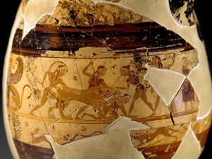 Etruskische Antiquität: Olpe aus Ton (birnenförmiger Krug mit trompetenförmigem hohem Kragen) bekannt als Olpe Chigi im polychromen Protokorinthischen Stil, dekoriert vom Maler von Macmillan, 640-630 v. Chr. (Detail)