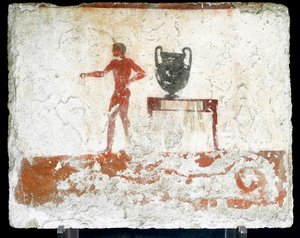 Etruskische Kunst: Ein junger nackter Ephebe neben einem Tisch mit einer Vase (Fresko aus dem Grab des Tauchers) von Etruscan