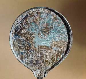 Etruskische Kunst: Rückseite eines Bronzespiegels: Aphrodite überredet Helena, Paris nach Troja zu folgen. 5. Jahrhundert v. Chr. Rom, Museo Nazionale di Villa Giulia
