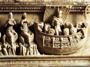 Etruskische Zivilisation, Alabasterurne, Detail des Reliefs, das Odysseus und Sirenen darstellt von Etruscan