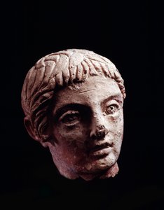 Etruskische Zivilisation: Kopf eines jungen Mannes aus dem Tempel von Belvedere in Orvieto - 5.-4. Jahrhundert v. Chr. Durchmesser 13 cm