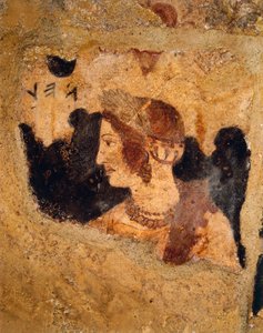 Italien, Region Latium, Tarquinia (Provinz Viterbo), Etruskische Nekropole, Grab des Orcus, Detail der Bankettszene mit Porträt einer Frau namens Velia Velcha (Velia Spurinas), Ehefrau von Arnth Velcha, Fresko von Etruscan