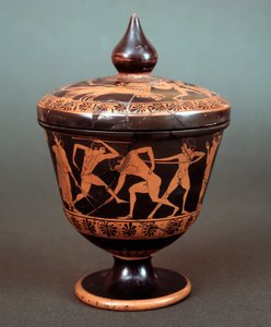 Pyxis mit Darstellung einer Szene aus der Palaestra, Terrakotta, 520-500 v. Chr.