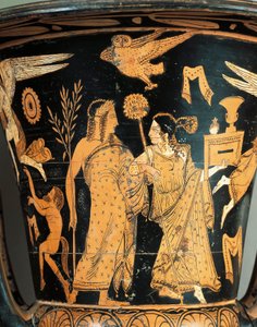 Rotfigurige Keramik, Krater, aus Civita Castellana, antikes Falerii, Provinz Rom, Italien (Detail), gekrönter Dionysos und Ariadne von Etruscan