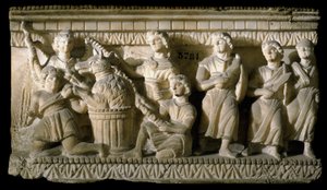 Etruskische Kunst: „Odysseus und seine Gefährten bei ihrer Begegnung mit Circe“ (Odyssee von Homer) Flaches Marmorrelief eines Sarkophags aus Volterra. 3. Jahrhundert v. Chr. Florenz, Museo Archeologico von Etruscan Etruscan