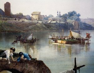 Fischer-Giornelli (Fischräder) am Tiber in der Nähe von Porto di Ripa Grande in Rom, von Ettore Roesler Franz (1845-1907), Aquarell, Italien