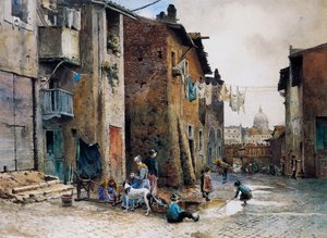Mittelalterliche Häuser in der Via della Lungaretta in Rom, von Ettore Roesler Franz (1845-1907), Aquarell, Italien von Ettore Roesler Franz