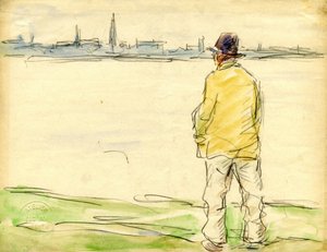 Mann, der auf die Uferpromenade von Antwerpen schaut