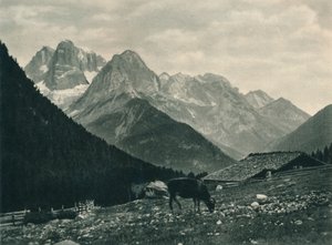 Blick auf die Brenta-Gruppe mit Almwiese, Madonna di Campiglio, Dolomiten, Italien, 1927
