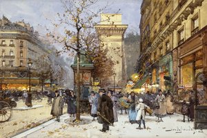 Figuren auf dem Boulevard St. Denis in der Dämmerung