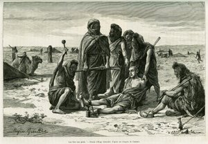 Die Eisen an den Füßen. Gravur von Eugene Girardet zur Illustration der Geschichte „Fünf Monate bei den nomadischen Mauren der westlichen Sahara“ von Camille Douls, veröffentlicht in Le Tour du monde 1888