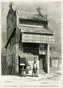 Ein Affenhaus. Gravur von Eugene Burnand zur Illustration der Geschichte Sur les frontières du Tonkin von Dr. P. Neiss, in Le Tour du monde 1888, herausgegeben von Edouard Charton (1807-1890), Hachette, Paris. von Eugene Burnand