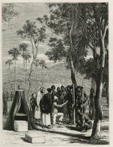 Dr. Harmand führt anthropologische Messungen an den einheimischen Khas in Attopeu (Laos) durch, Gravur von Eugene Burnand, zur Illustration der Geschichte von Laos und den wilden Bevölkerungen Indochinas von Dr. Harmand, 1877, veröffentlicht in der Tour du von Eugene Burnand