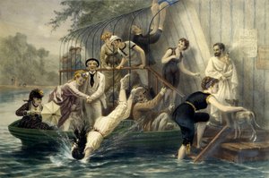 Ah! Der schöne Kopf, ein Sonntag am Wasser. Frau taucht im Badeanzug ins Wasser im 19. Jahrhundert unter dem Gelächter von Matrosen. Eine Frau im Boot schützt sich mit ihrem Regenschirm. Gravur von Eugene Guerard (1821-1866) von Eugene Charles Francois Guerard
