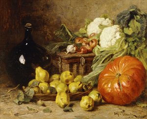 Ein Stillleben mit einem Weinkrug, einem Korb, Birnen, Zwiebeln, Blumenkohl, Kohl, Knoblauch und einem Kürbis