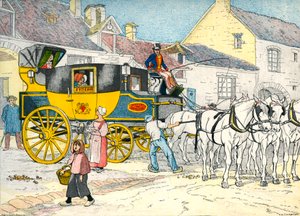 Postkutsche in einem Kutschenhaus im Jahr 1840