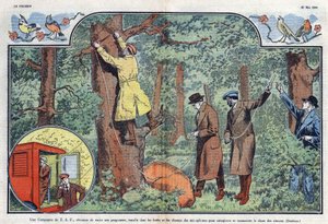 Eine T.S.F.-Gesellschaft installiert Mikrofone in Wäldern und Feldern, um den Gesang der Vögel aufzunehmen und zu übertragen. Illustration von Damblans in „Le Pelerin“ vom 21. Mai 1933.