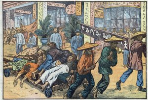 Bürgerkrieg zwischen Nationalisten und Kommunisten in China: Nach den kommunistischen Unruhen in Kanton werden die Leichen der Opfer auf Karren gestapelt. Illustration von Damblans. In „Le Pelerin“ vom 4. März