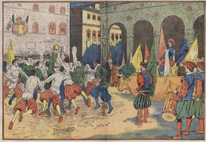 Florenz, Italien: Auf der Piazza della Signoria wurde ein Teil des „calcio“, Fußball des 15. Jahrhunderts, in Kostümen der Zeit nachgestellt. Ein Ochse wurde dem Siegerteam angeboten. Illustration von Damblans. In „Le Pelerin“ vom 8. Juni von Eugene Damblans