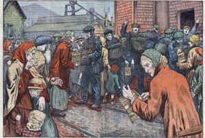 Nach der Explosion in der Cwn-Mine (Wales) bringen die Frauen der Bergleute ihre Kanarienvögel zur Rettung des Grubengases. Illustration von Damblans. In „Le Pelerin“ vom 20. März