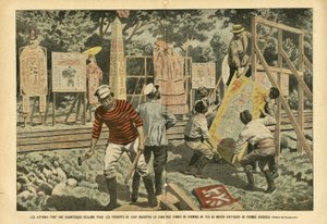 Illustration von Eugene Damblans (1865-1945) in Le Pelerin, 03/09/05 - Die Japaner machen gigantische Ansprüche für die Produkte ihrer Industrie entlang der Eisenbahnlinien mit Plakaten verschiedener Formen - Werbung, Japan, Eisenbahn Zug, Plakate